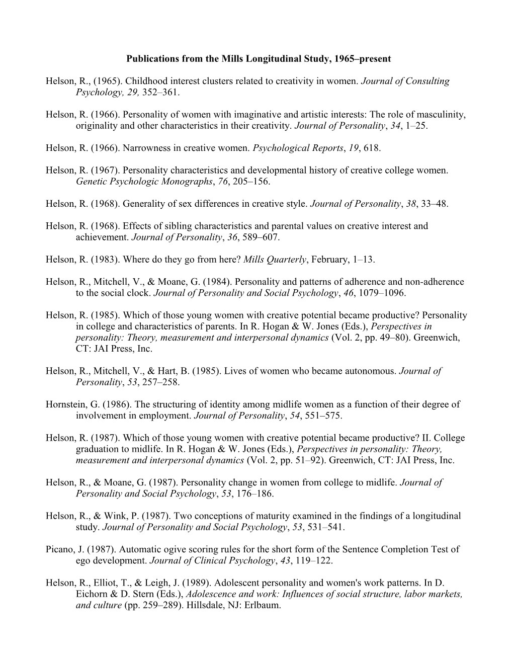 Publications from the Mills Longitudinal Study, 1965 Present