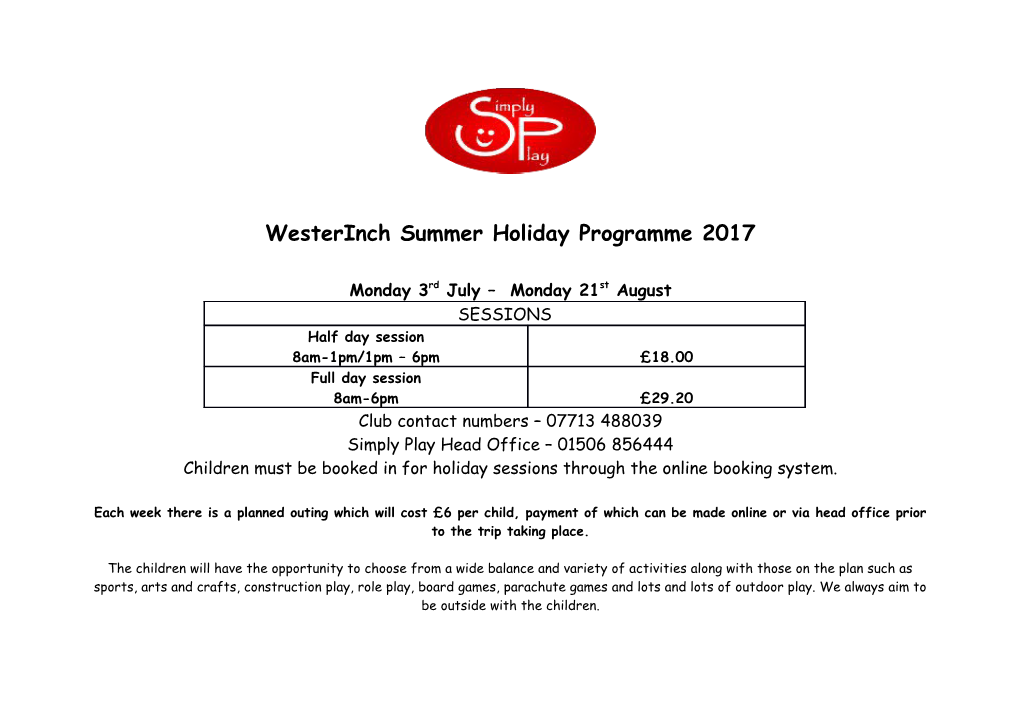 Westerinch Summer Holiday Programme 2017