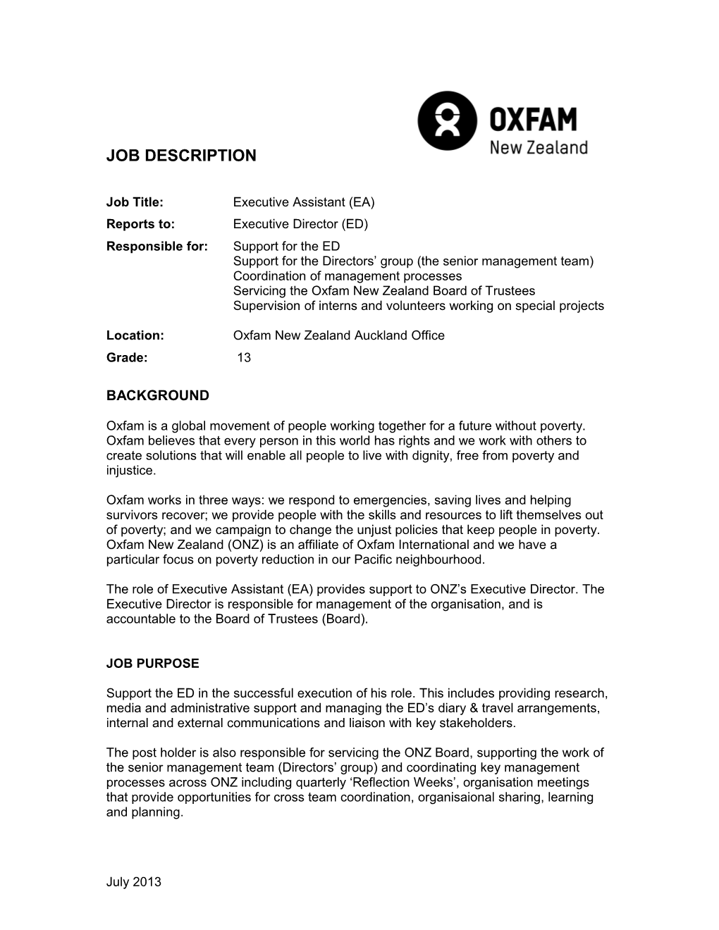 Oxfam New Zealand Job Description