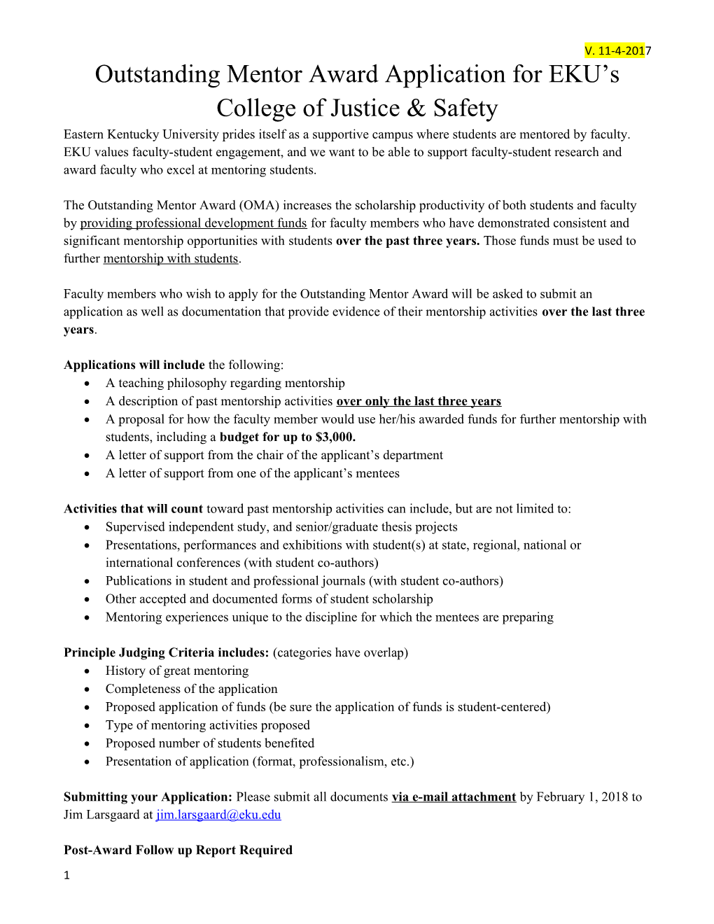 Outstanding Mentor Awardapplication for EKU S College of Justice & Safety