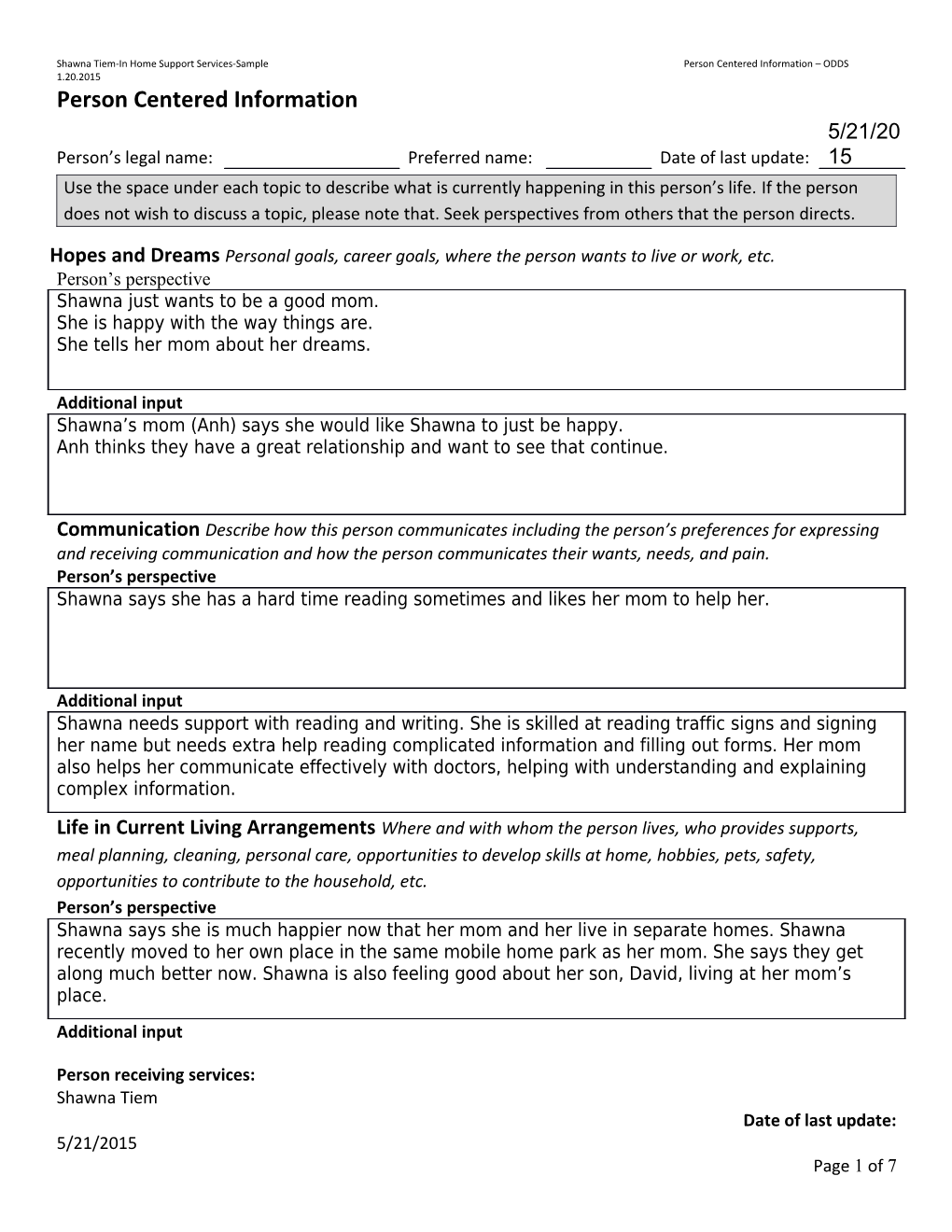 Shawna Tiem-In Home Support Services-Sample Person Centered Information ODDS 1.20.2015