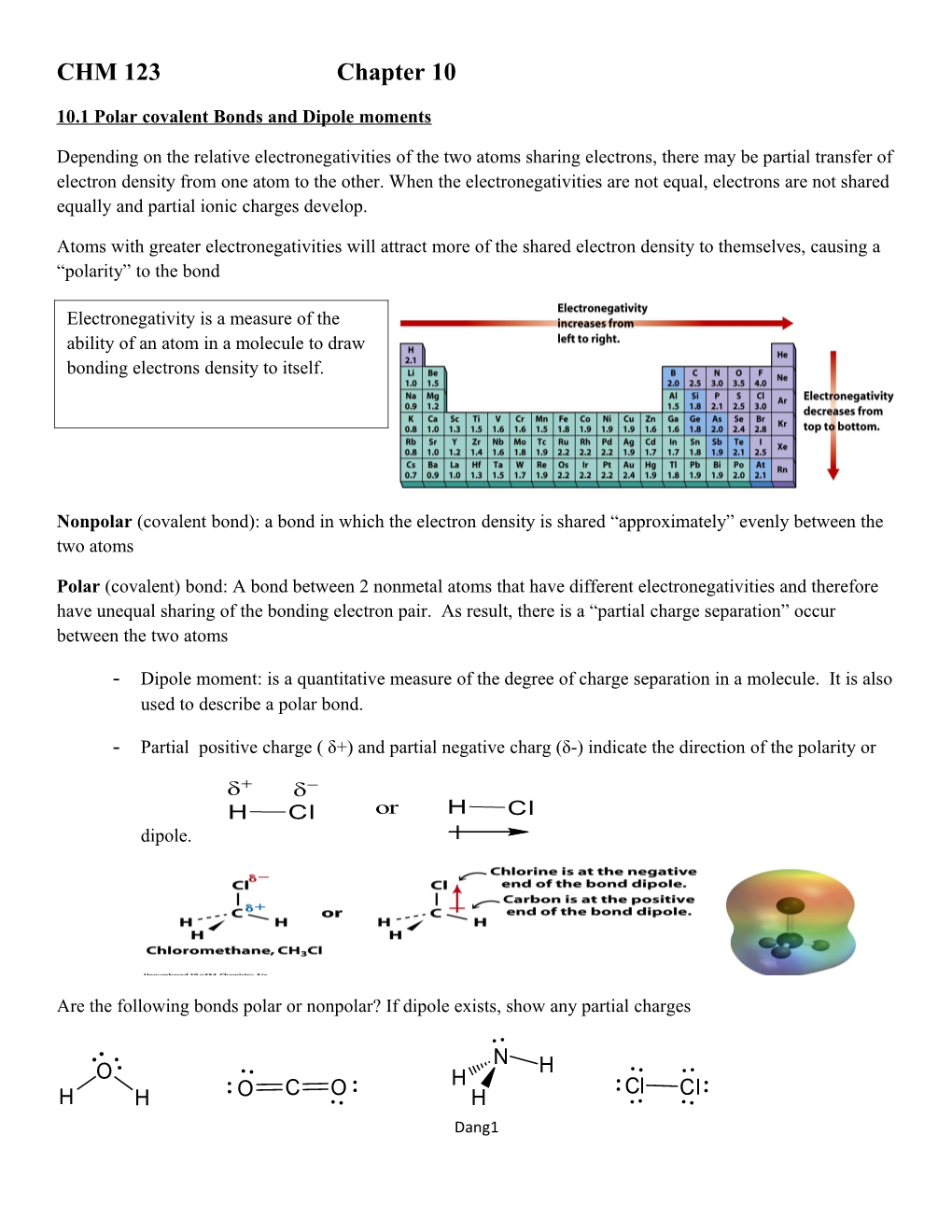 10.1 Polar Covalent Bonds and Dipole Moments