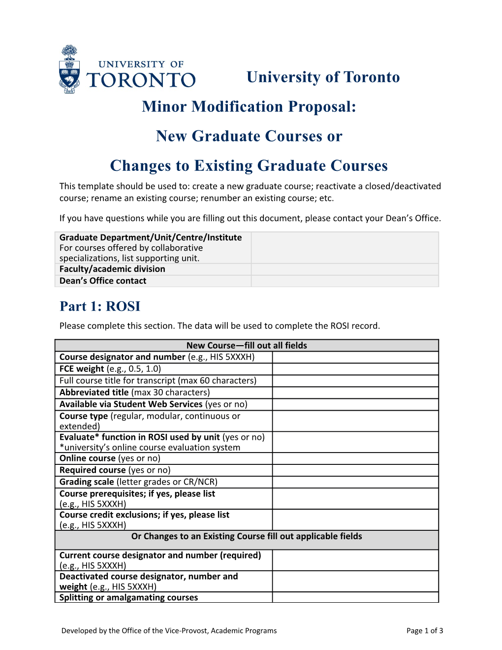 Minor Modification Proposal: New Graduate Courses Or Changes to Existing Graduate Courses