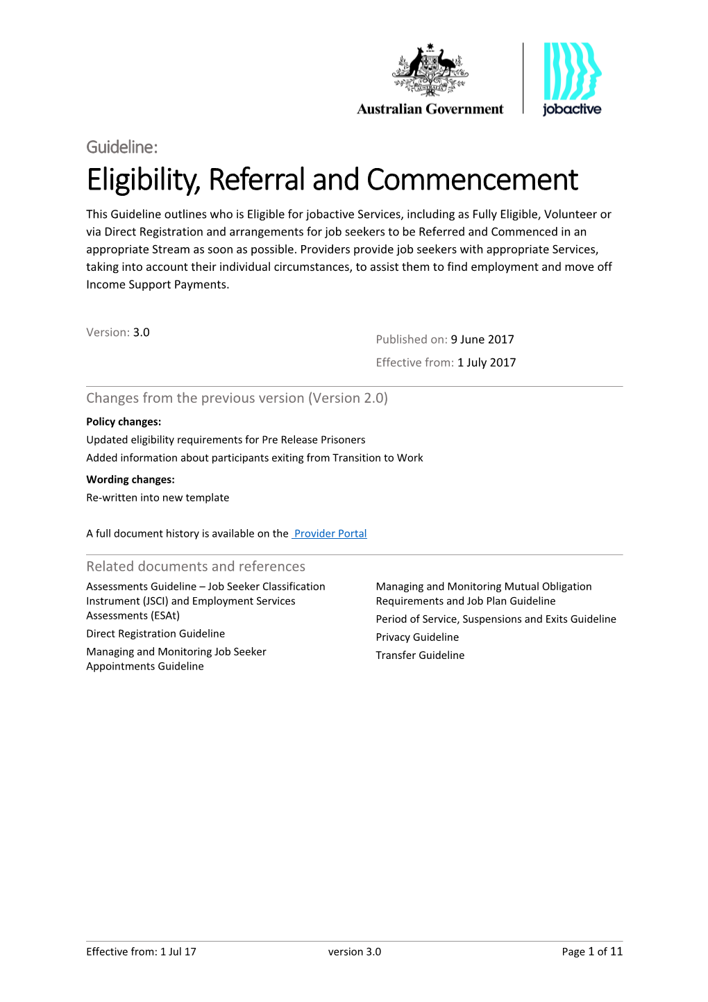 Jobactive Guideline Eligibility, Referral and Commencement