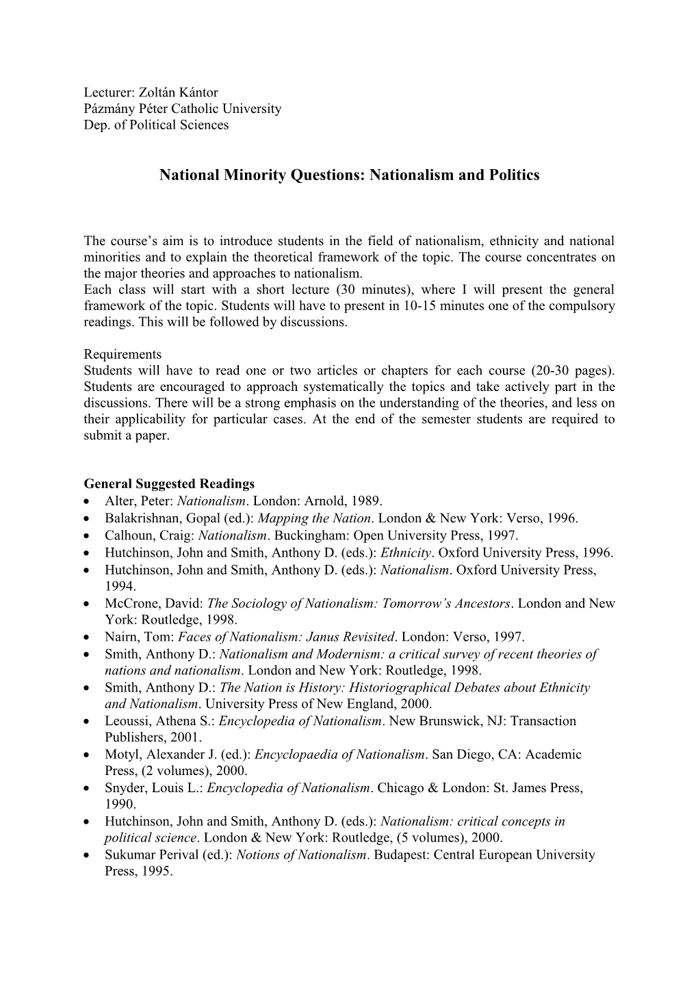 Course H2: Theories of Nationalism, Ethnicity and National Minorities