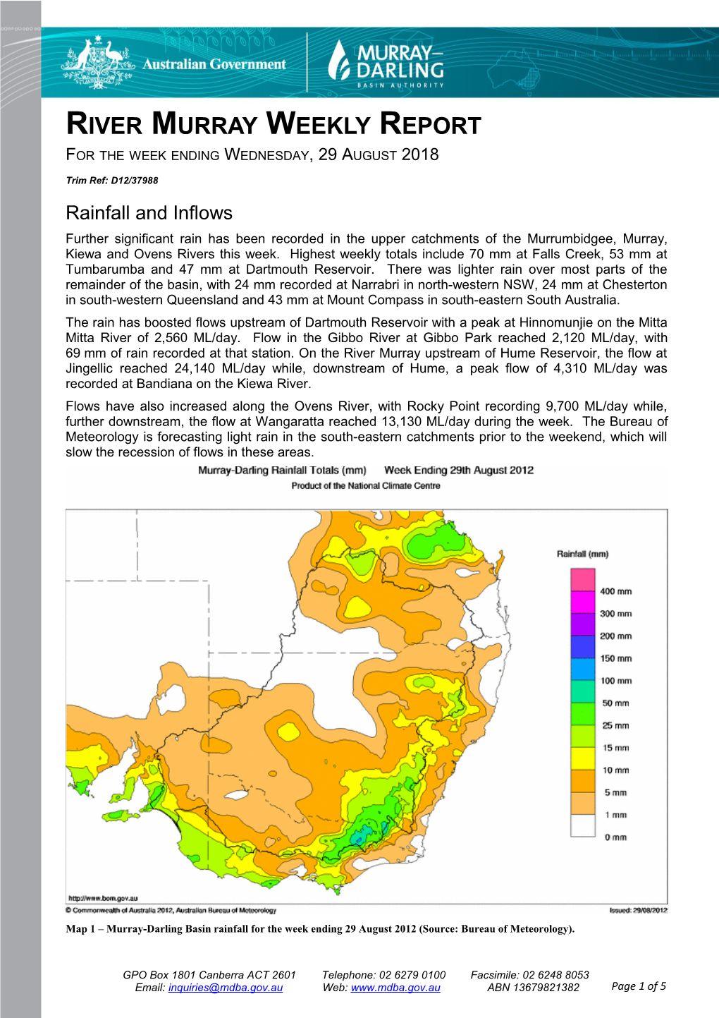 River Murray Operations Weekly Report 29 August 2012