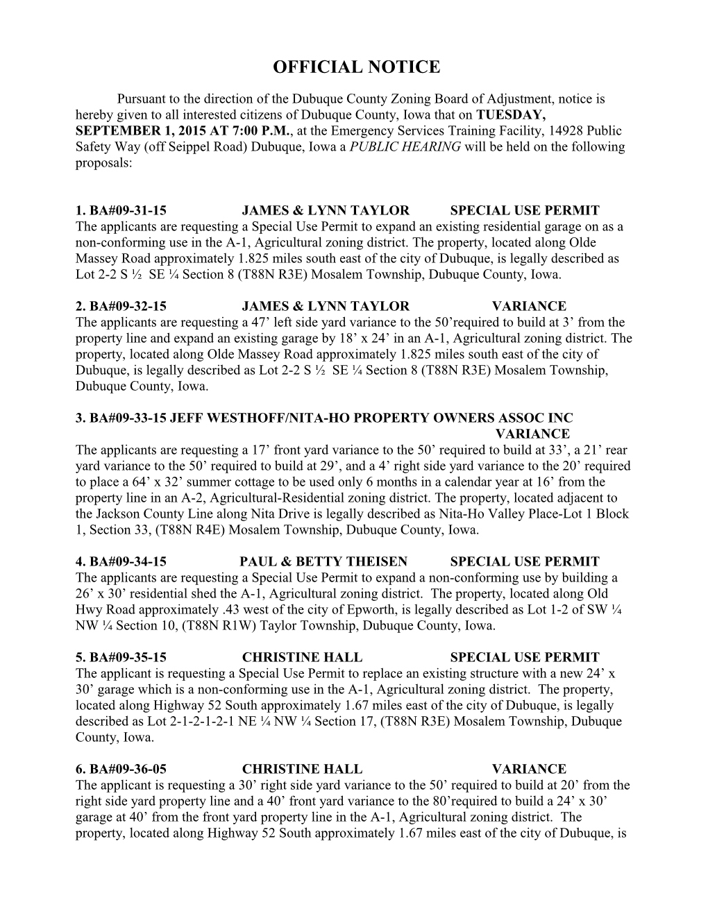 1. Ba#09-31-15 James & Lynn Taylor Special Use Permit