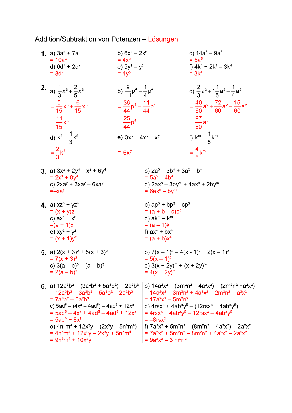 Addition/Subtraktion Von Potenzen - Lösungen
