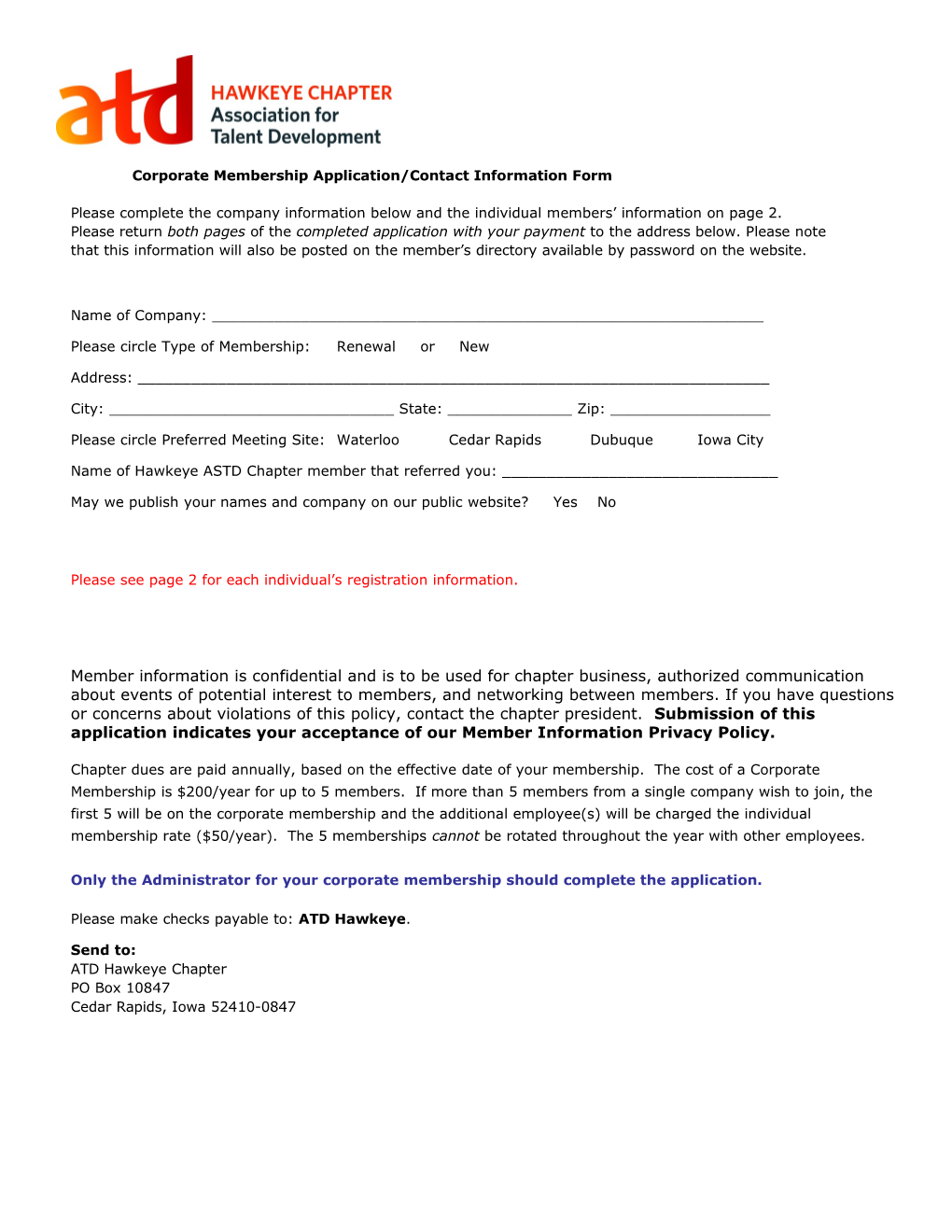 Corporate Membership Application/Contact Information Form