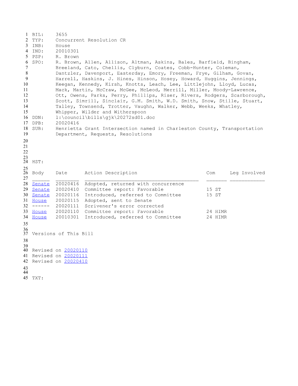 2001-2002 Bill 3655: Henrietta Grant Intersection Named in Charleston County, Transportation