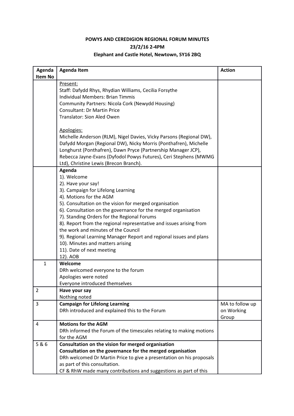 Powys and Ceredigion Regional Forum Minutes