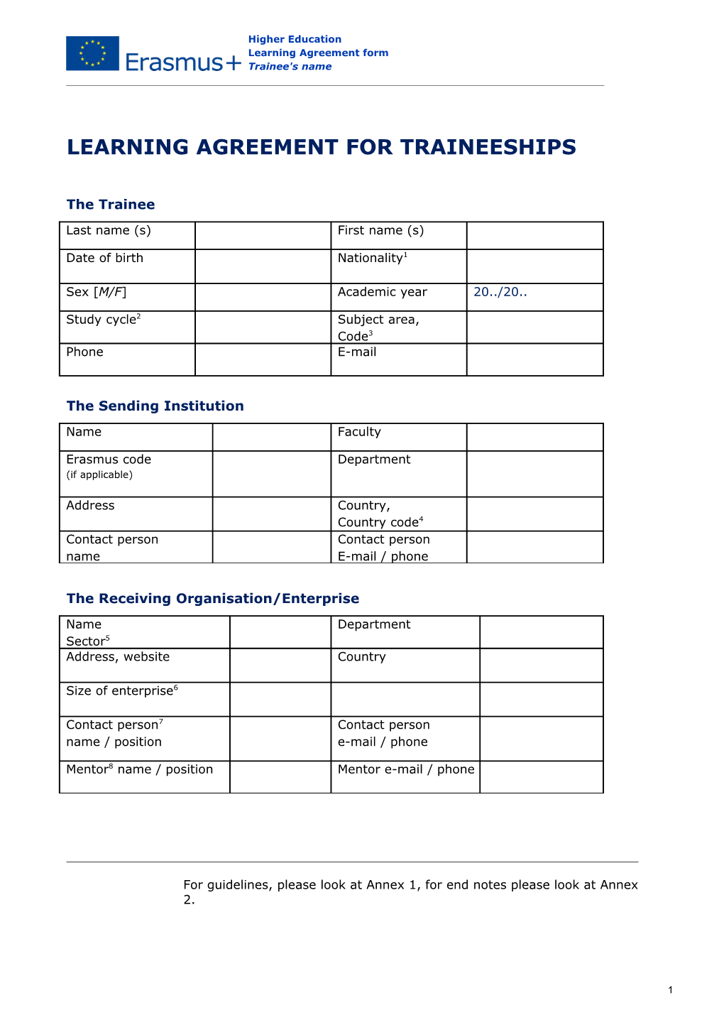 Learning Agreement for Traineeships s1