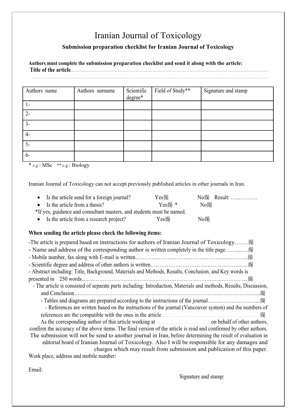 Submission Preparation Checklist for Iranian Journal of Toxicology