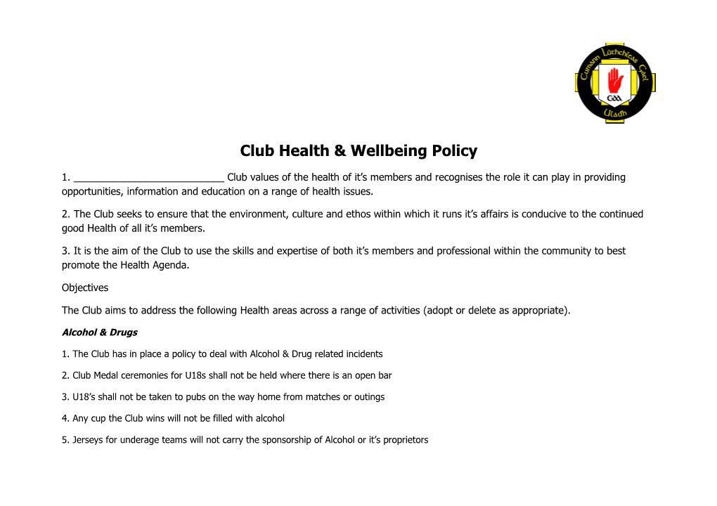 Club Health & Wellbeing Policy