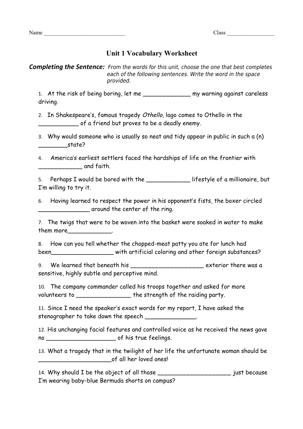 Unit 1 Vocabulary Worksheet