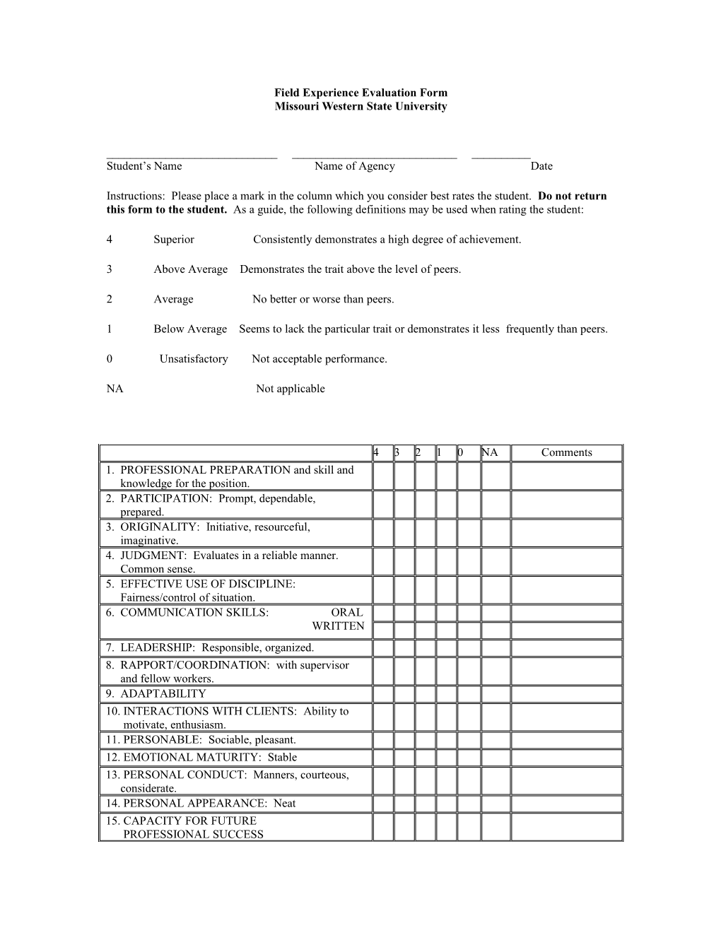 Field Experience Evaluation Form