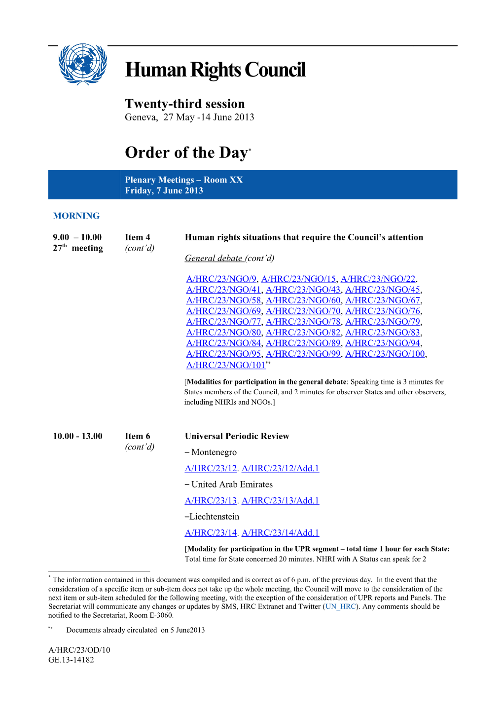 3 Order of the Day, 7 June 2013