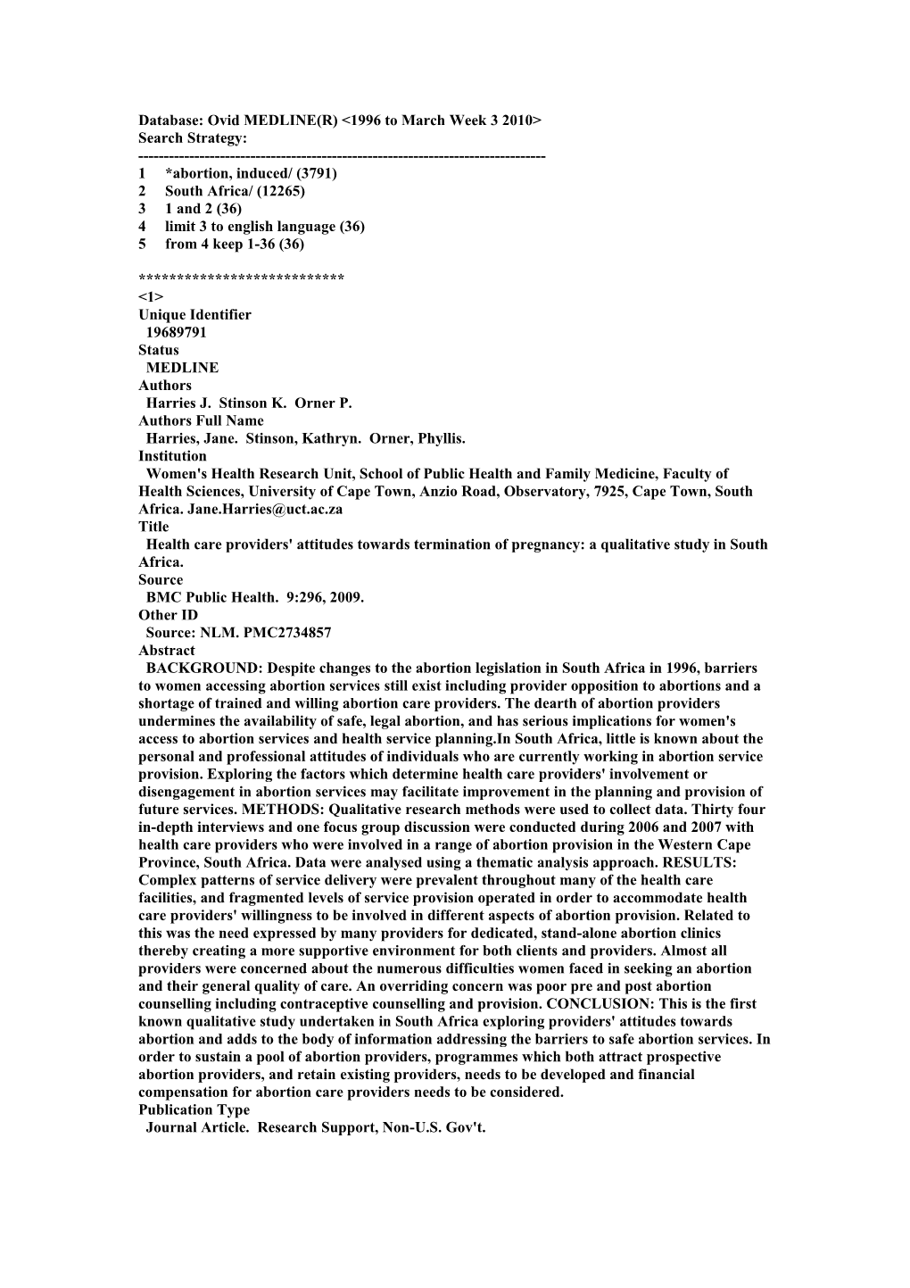 Database: Ovid MEDLINE(R) 1996 to March Week 3 2010