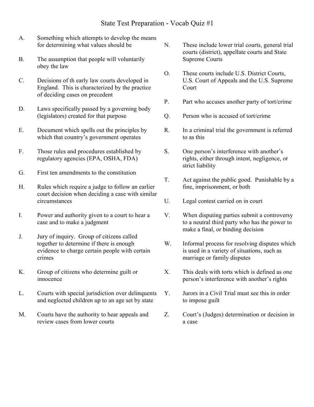 State Test Preparation - Vocab Quiz #1