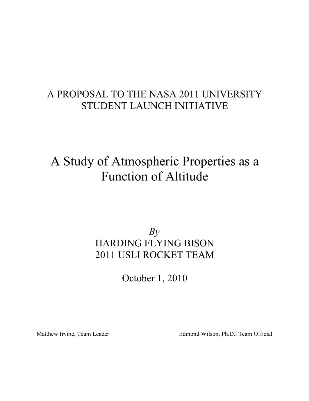 A Proposal to the Nasa 2011 University Student Launch Initiative