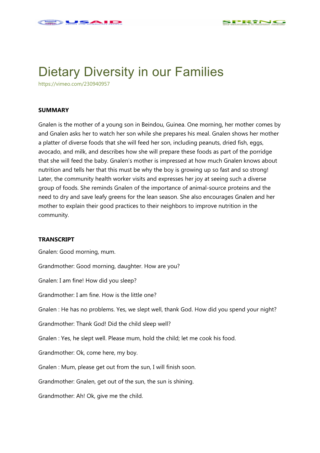 Dietary Diversity in Our Families