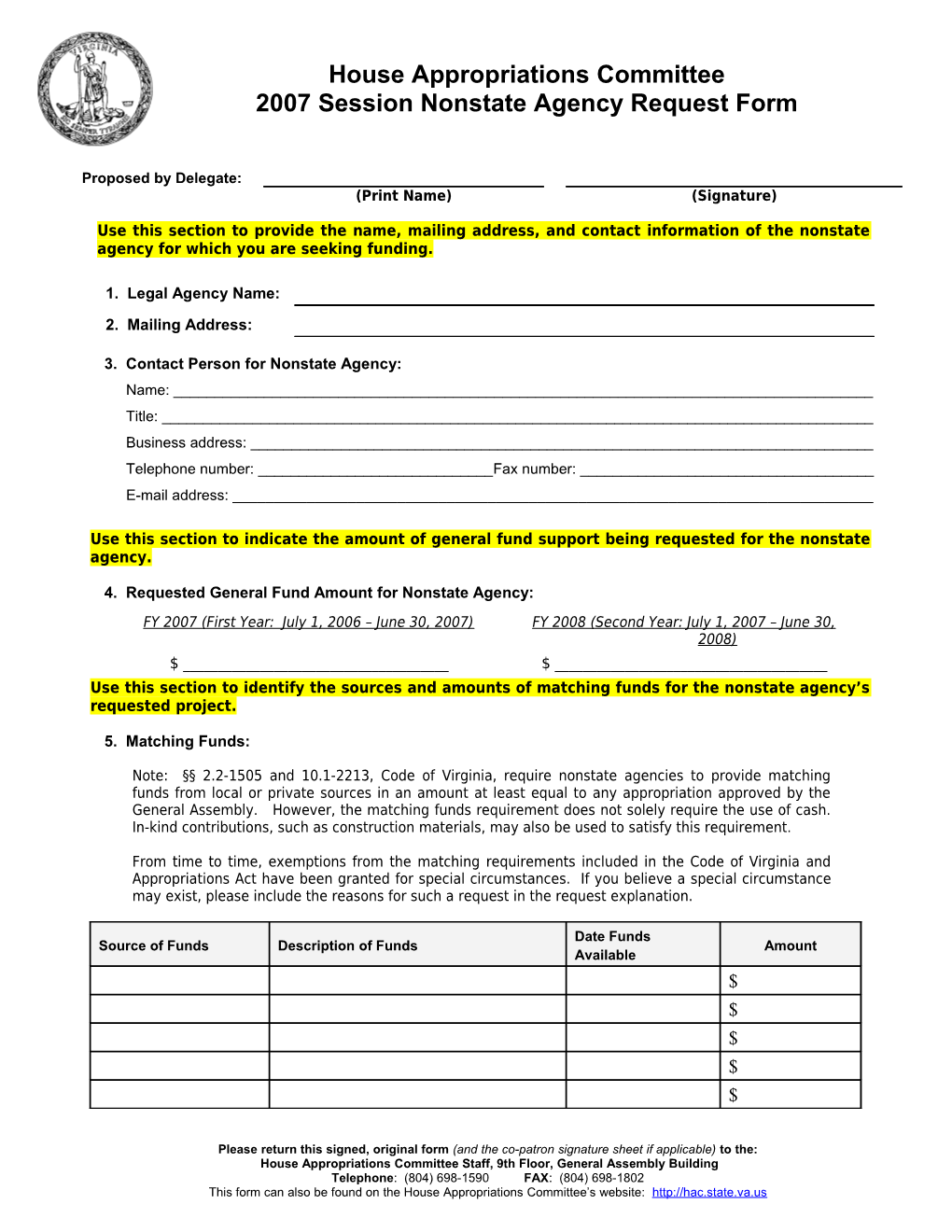 2007 Session Nonstate Agency Request Form