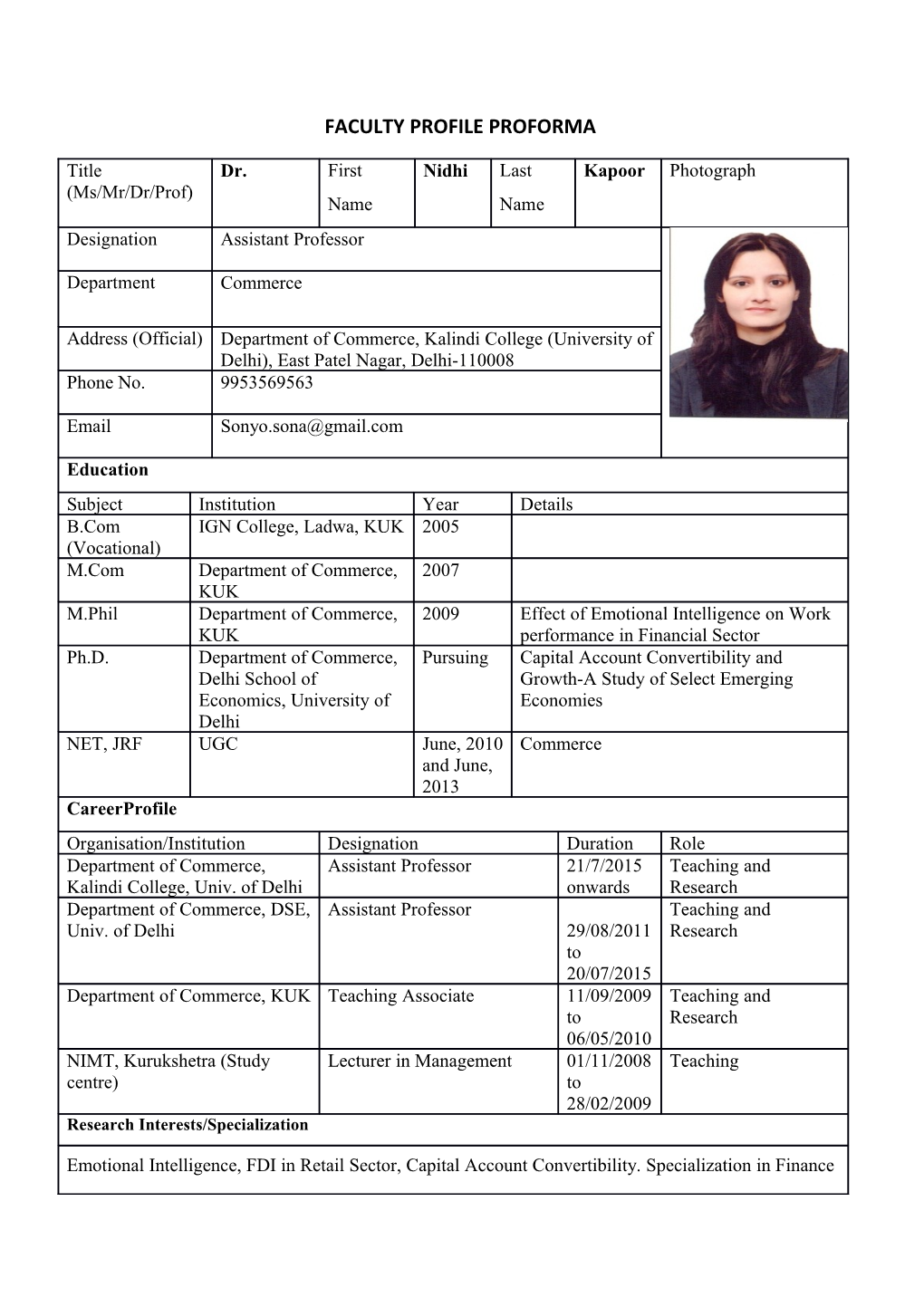 Faculty Profile Proforma