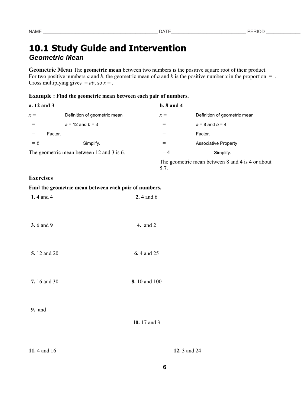 10.1 Study Guide and Intervention