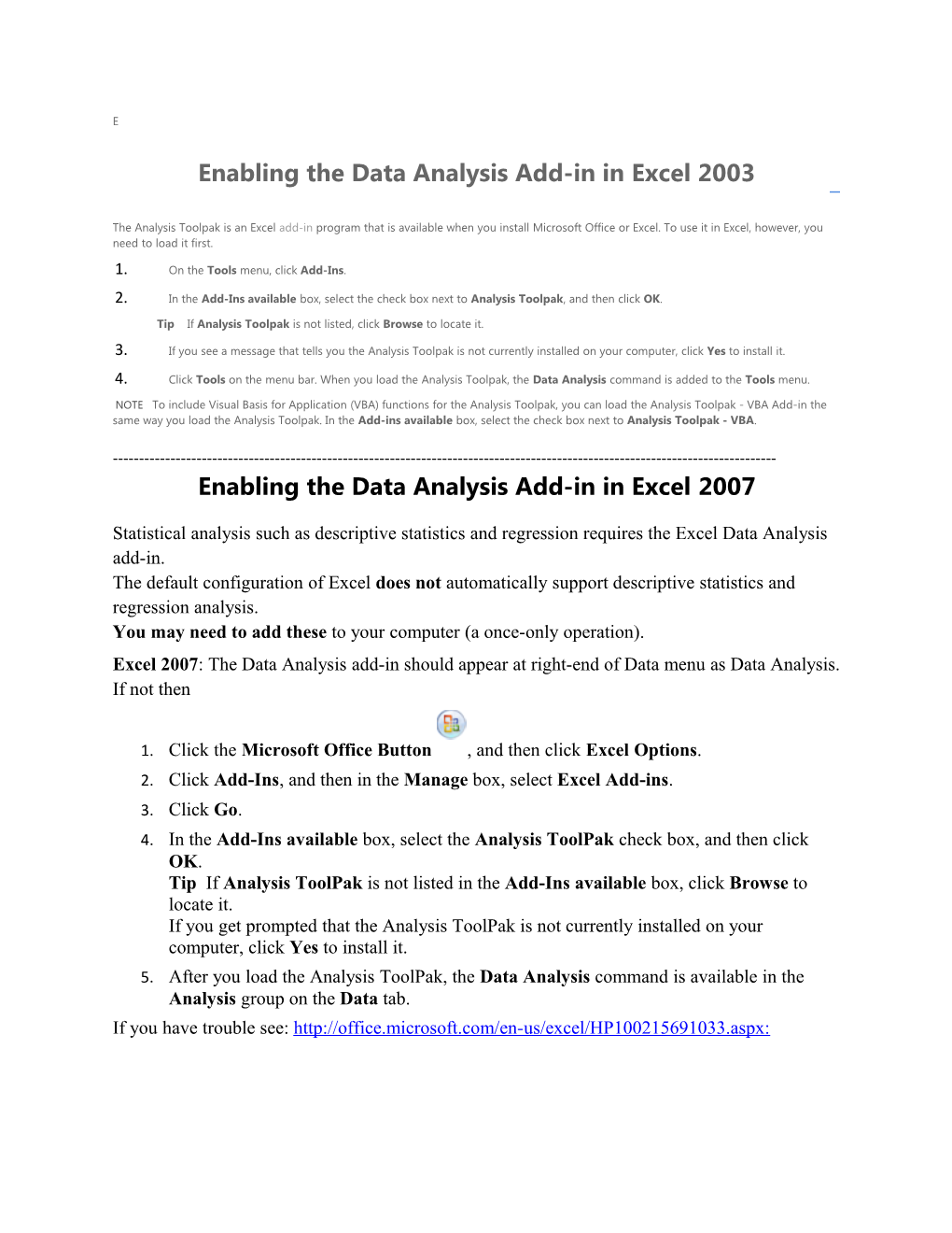 Enabling the Data Analysis Add-In in Excel 2003