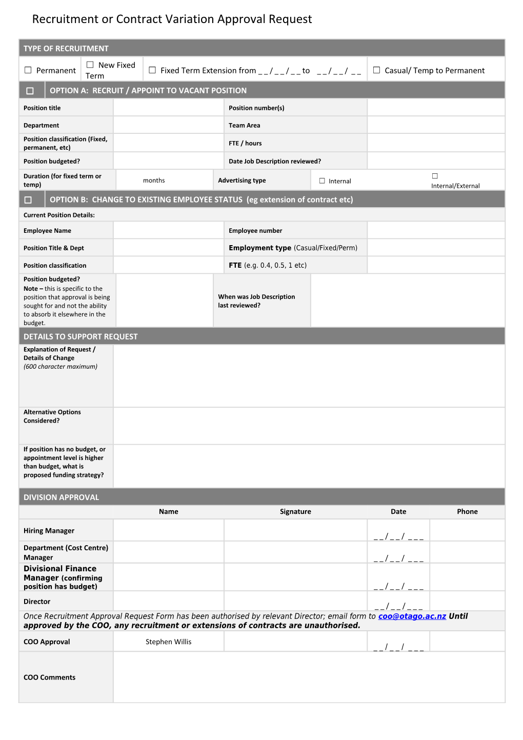 Recruitment Approval Request Form - Non-Clinical Vacancies