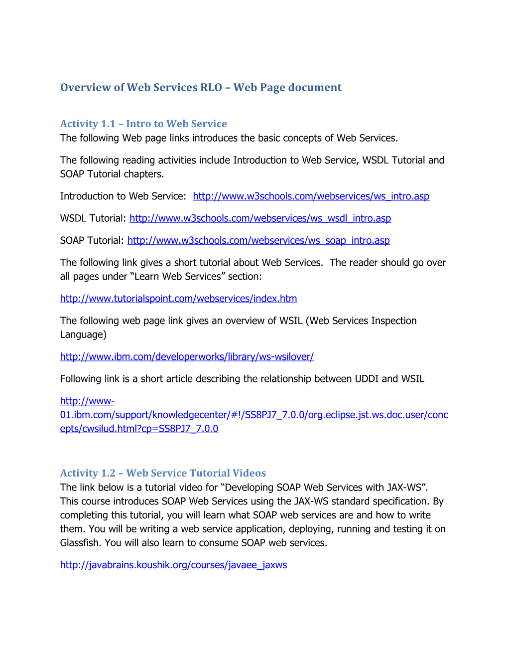 Overview of Web Services RLO Web Page Document