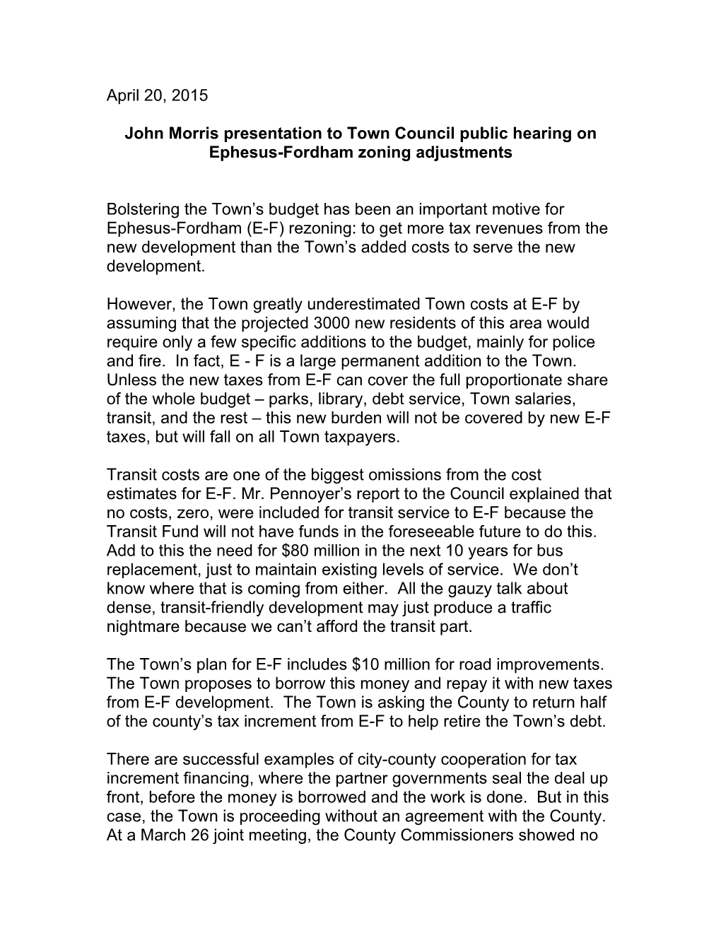 John Morris Presentation to Town Council Public Hearing on Ephesus-Fordham Zoning Adjustments