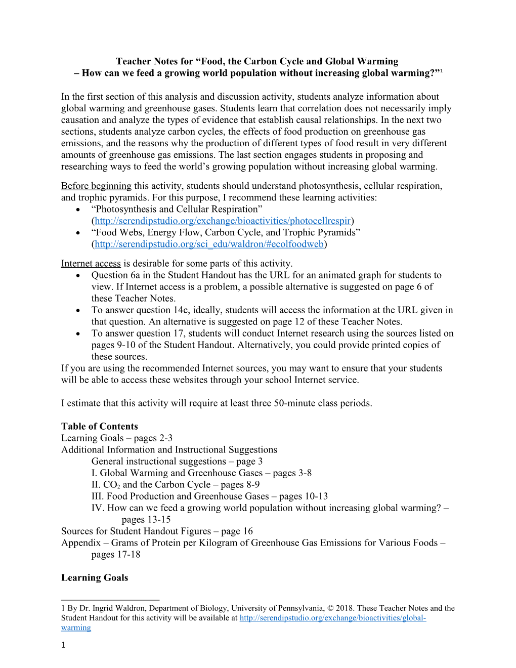 Teacher Notes for Food, the Carbon Cycle and Global Warming