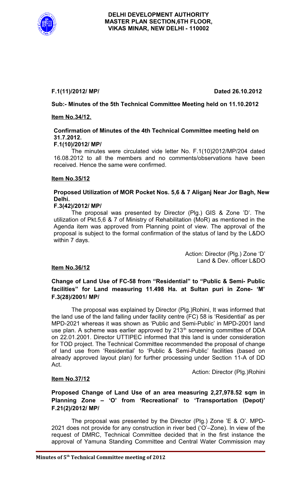 Sub:- Minutes of the 5Th Technical Committee Meeting Held on 11.10.2012