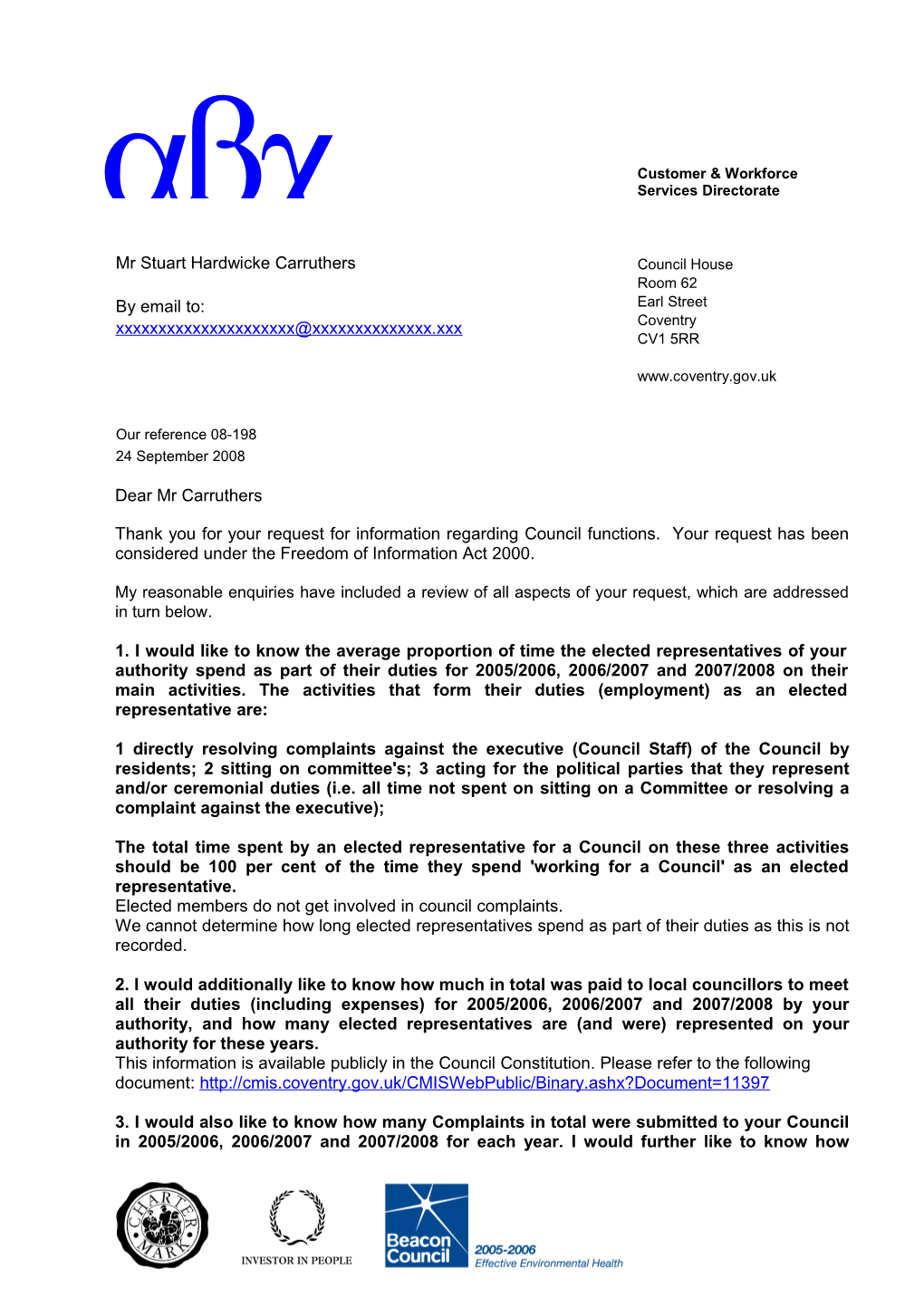 Covcc Letter To: Innes Beattie