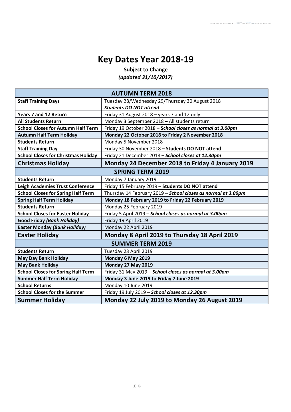 Key Dates Year 2018-19