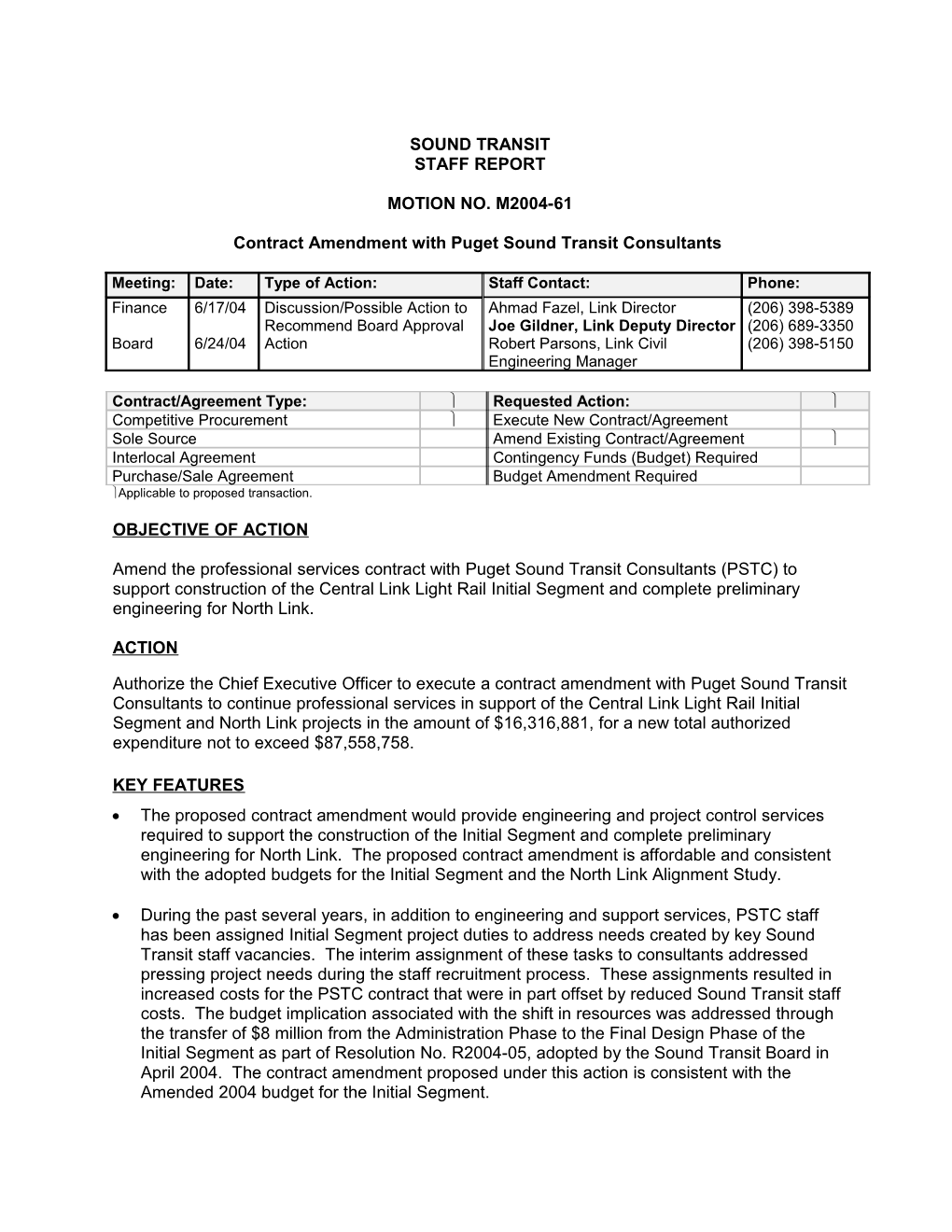 Contract Amendment with Puget Sound Transit Consultants