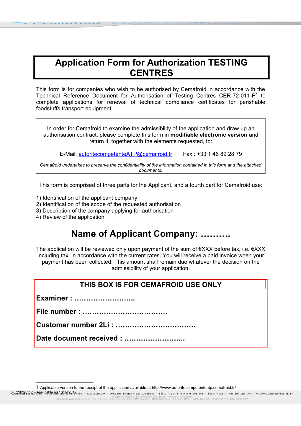 Application Form for Authorization TESTING CENTRES