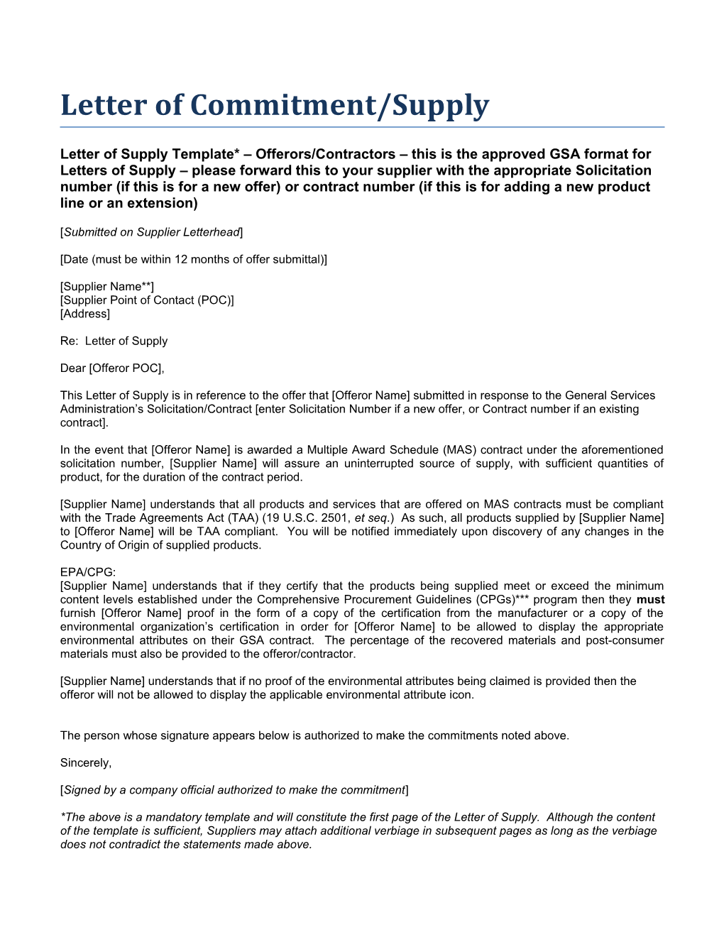 Letter of Commitment/Supply