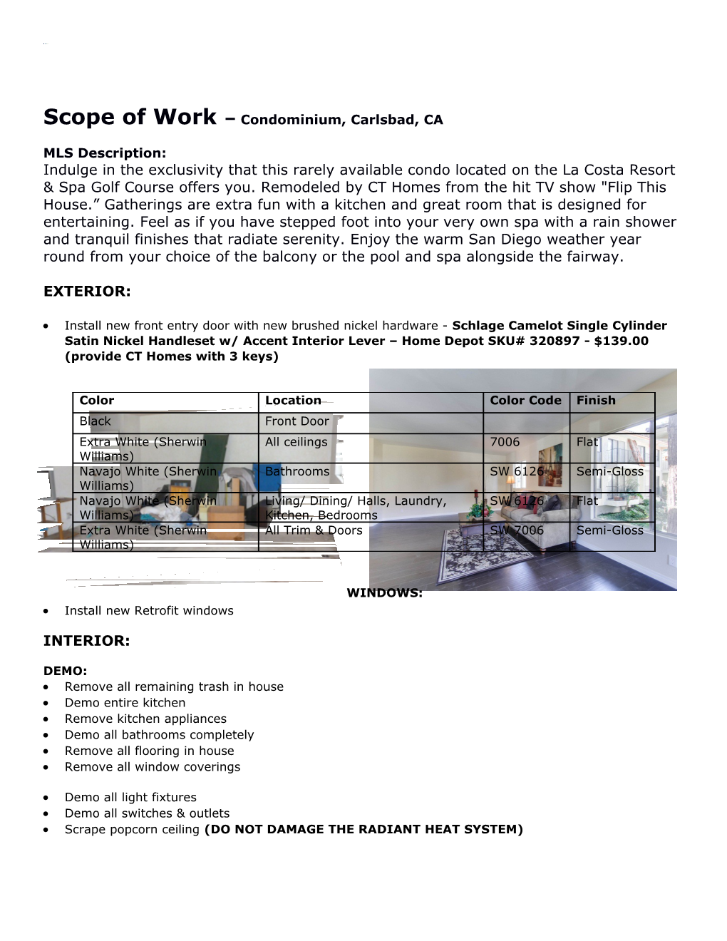 Scope of Work Condominium, Carlsbad, CA