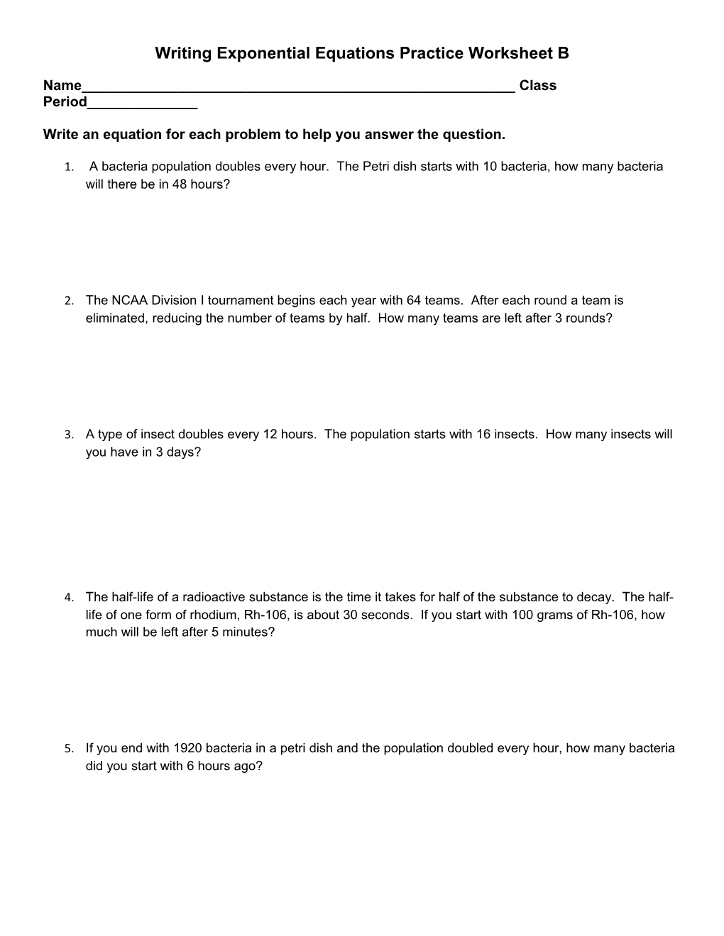 Writing Exponential Equations Practice Worksheet B