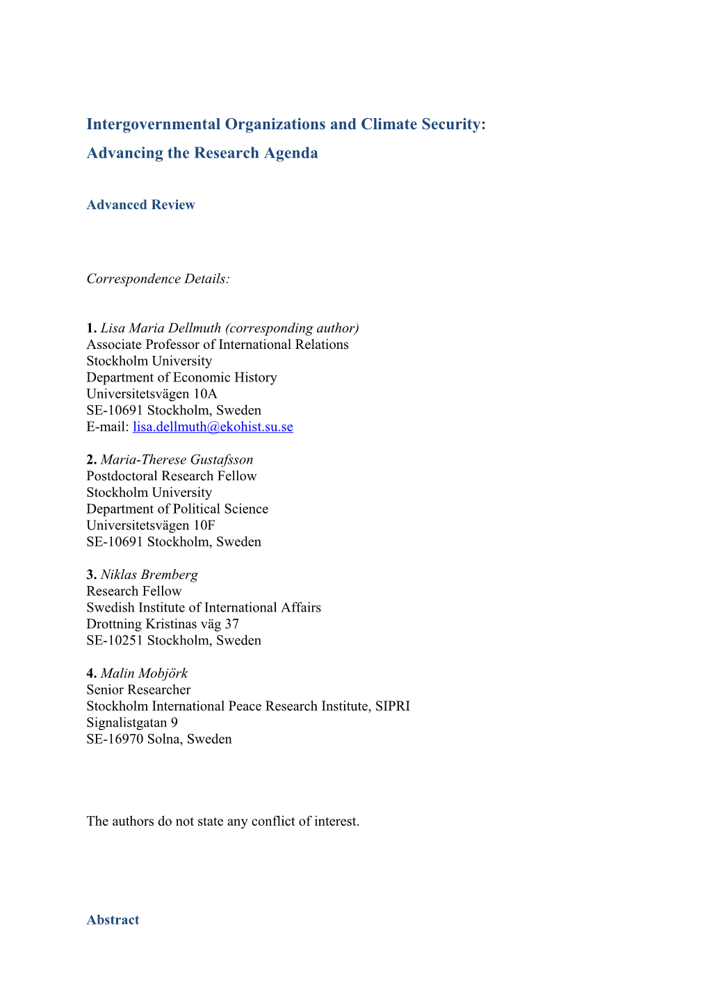 Intergovernmental Organizations and Climate Security