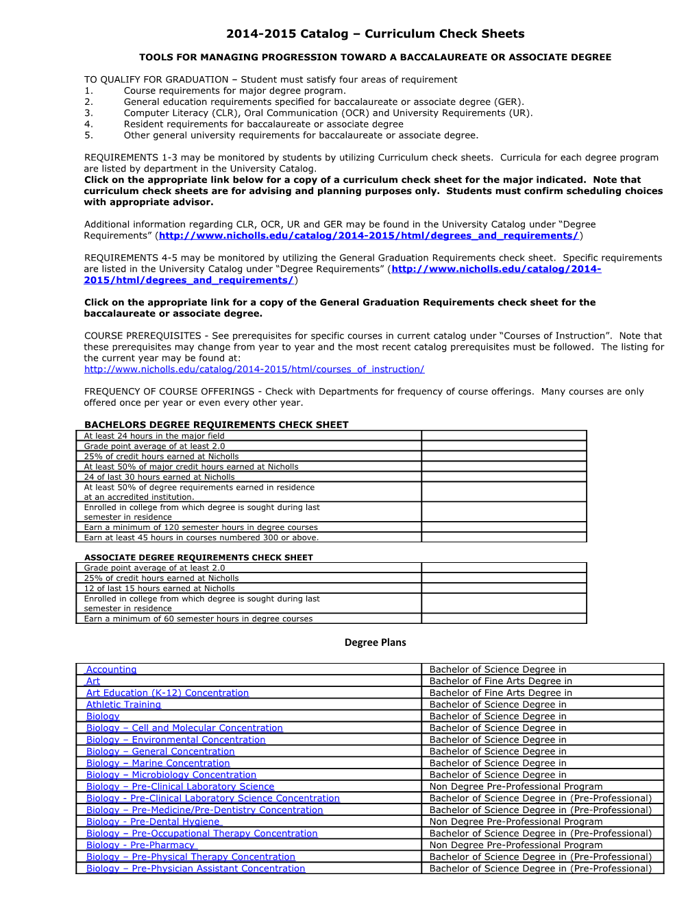 2014-2015 Catalog Curriculum Check Sheets