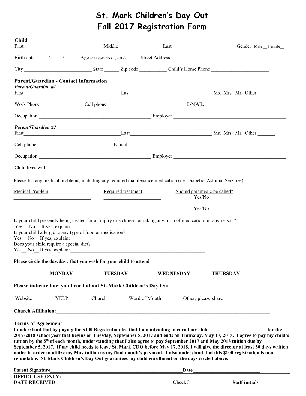 Day Camp Registration Form