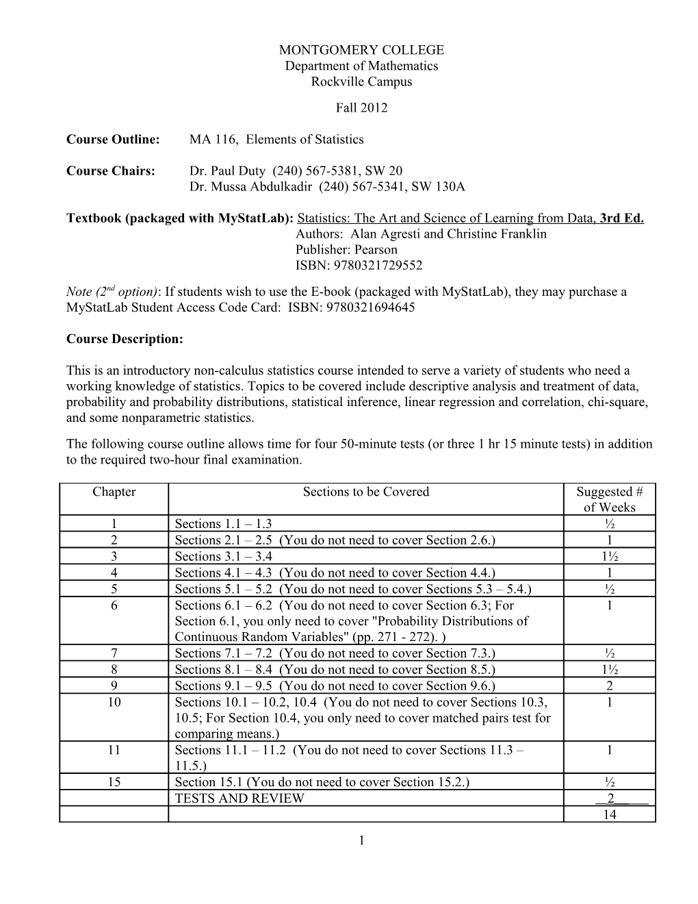Course Outline: MA 116, Elements of Statistics