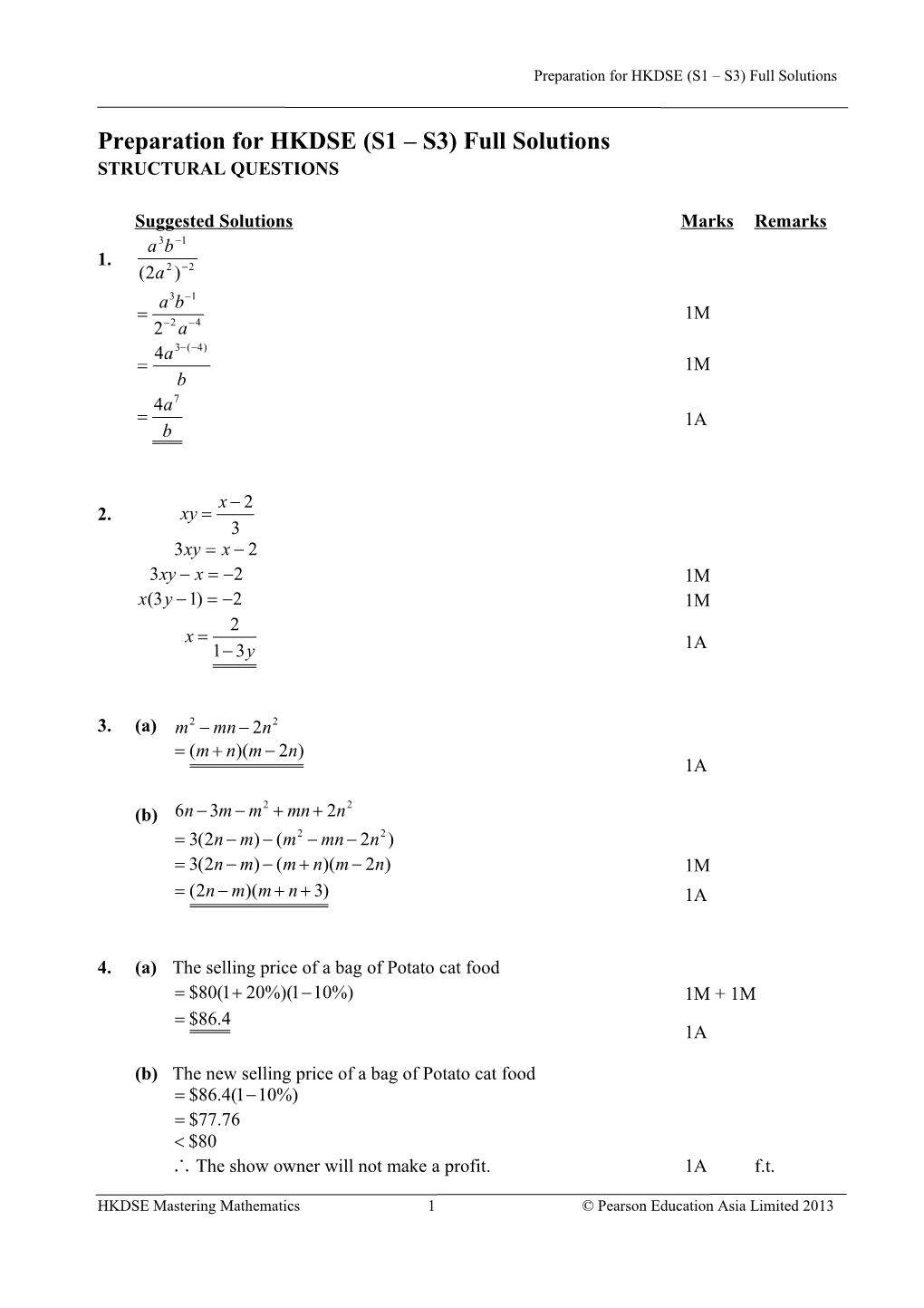 Preparation for HKDSE (S1 S3) Full Solutions