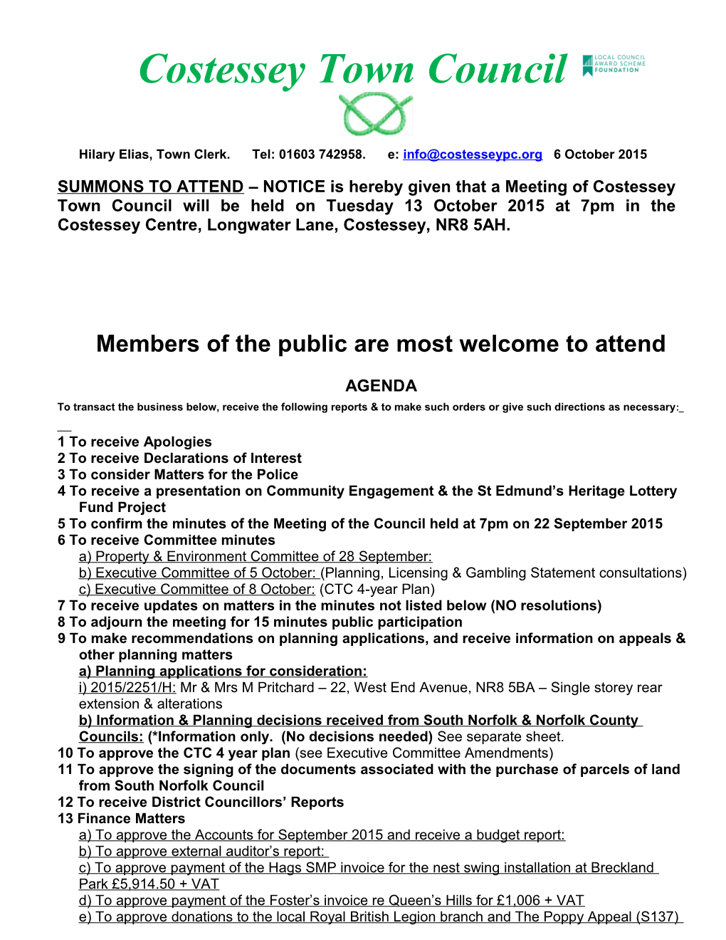 Meeting of the Parish Council to Be Held at 7Pm On