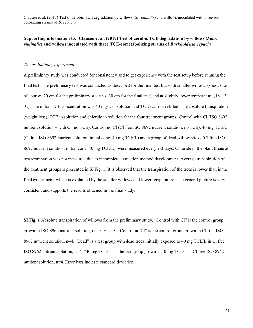 Supporting Information To: Clausen Et Al. (2017) Test of Aerobic TCE Degradation by Willows