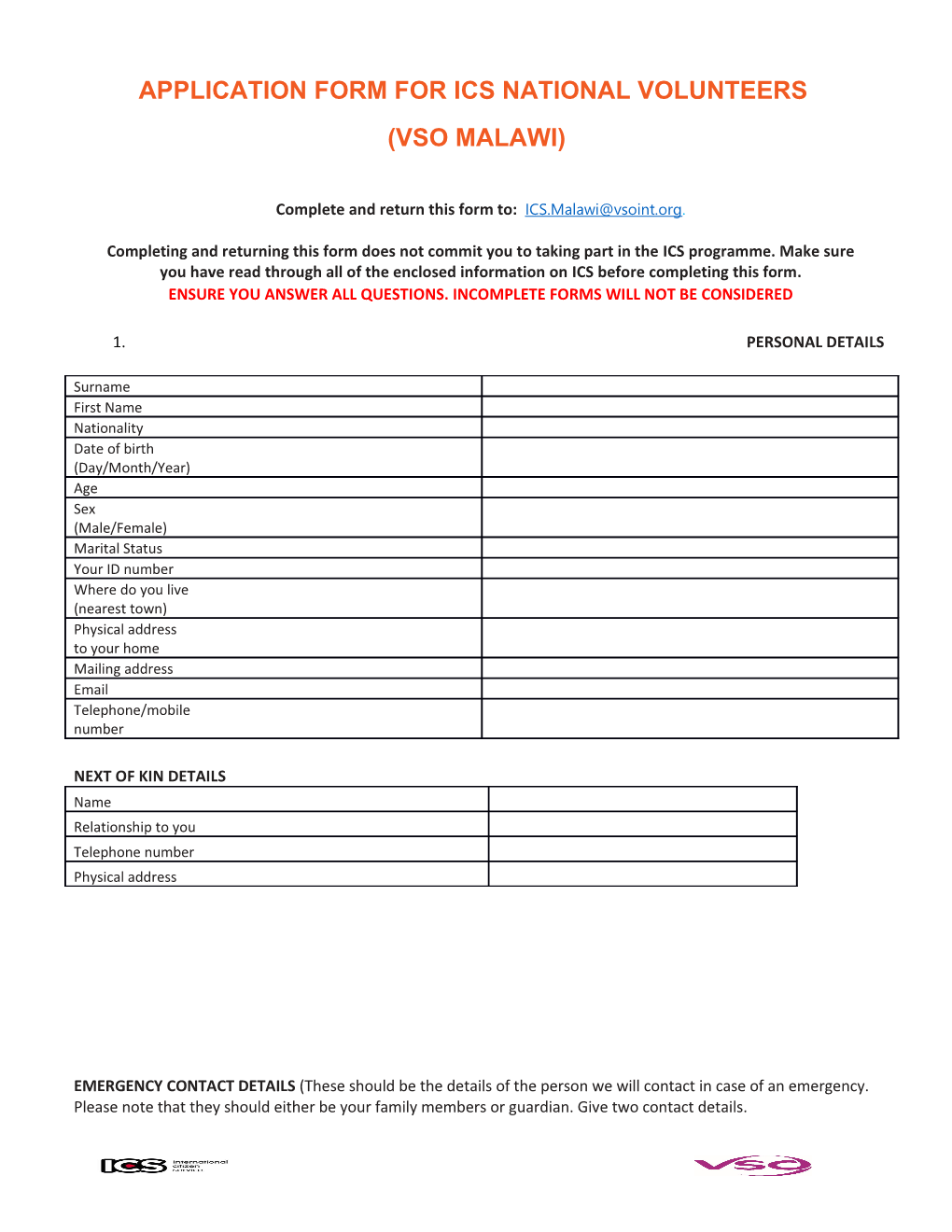 Application Form for Ics National Volunteers