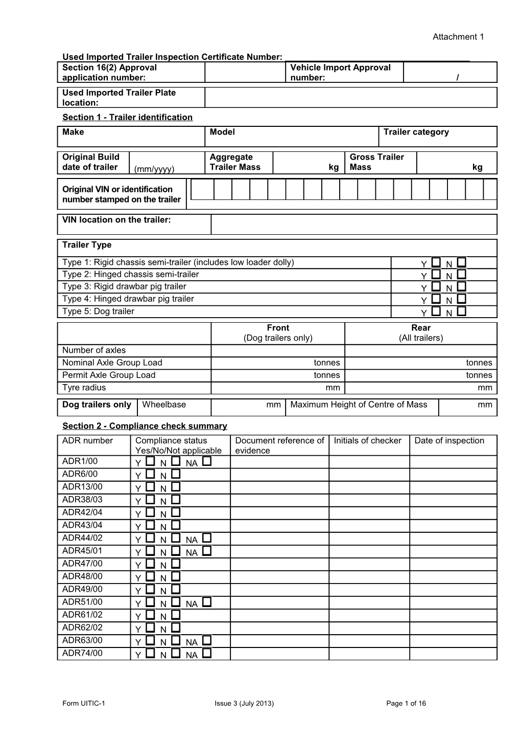 Used Imported Trailer Inspection Certificate